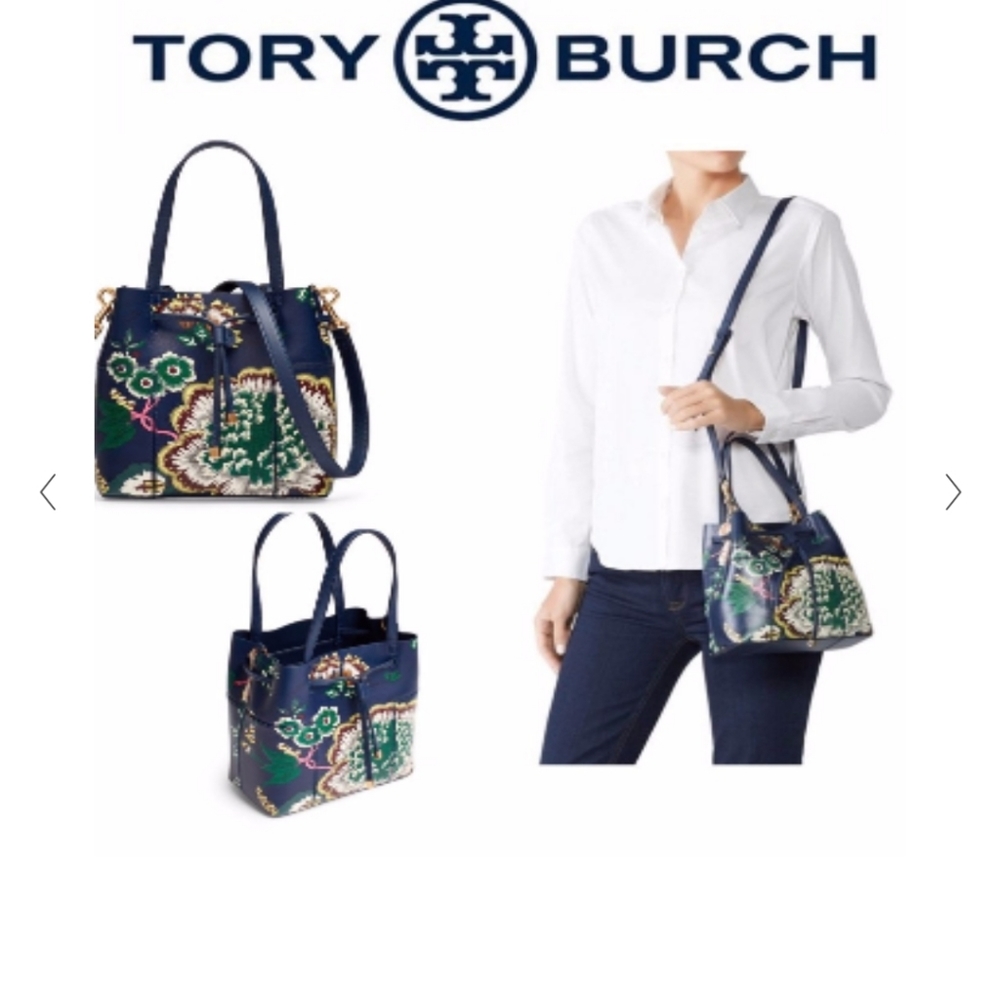 Tory Burch Navy Floral Drawstring Crossbody